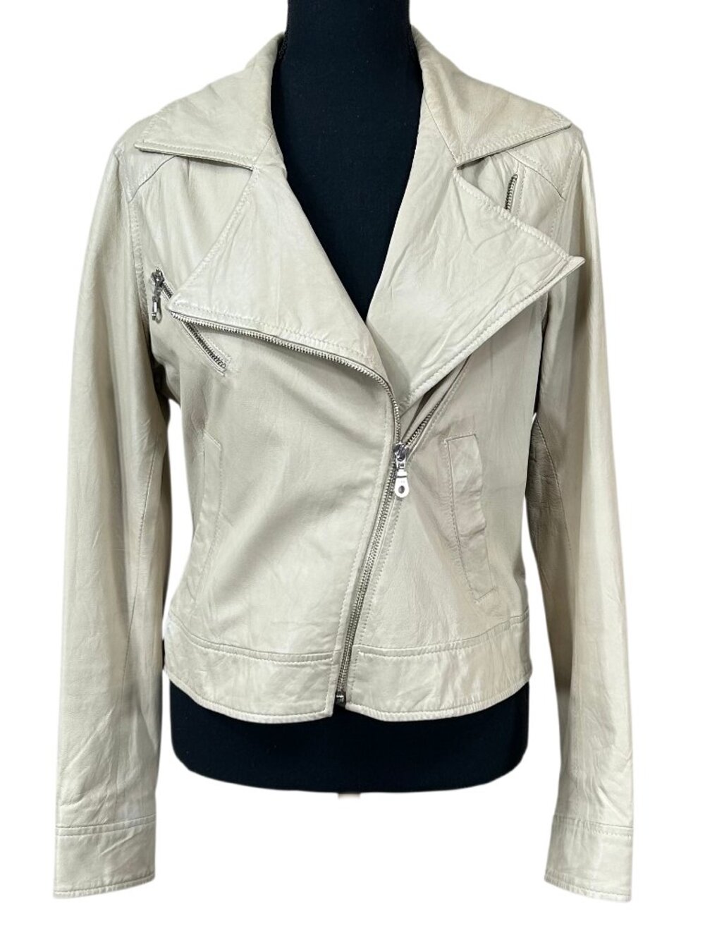 Kenna-T Cream Color 100% Leather Zip Front Moto Jacket Size M